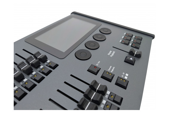 A closer view of the of the 7-inch touch screen, encoder wheels and master fader on the front of the FLX Desk