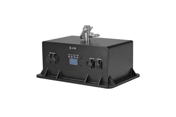 An Image of the DMX Mirrorball motor showing the avalible LCD screen for programing and the DMX and power ports