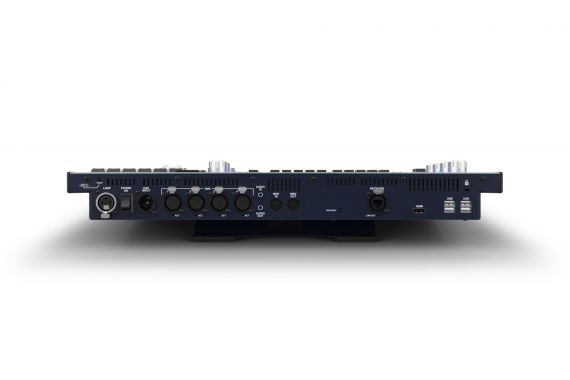 An Image of the back of the MQ50 lighting console showing the avalible ports, connects and power inputs