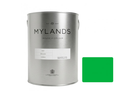 A tin of the Mylands FTT CSO green paint with colour swatch next to the tin of paint