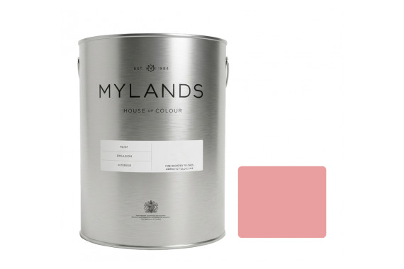 A tub of the Mylands Rose Pin Emulsion Paint with Colour Swatch