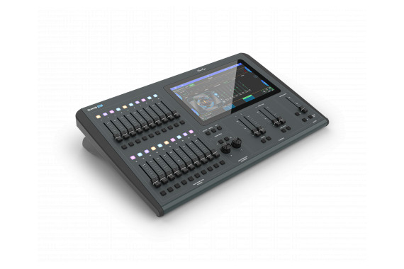 A side view of the ChamSys QuickQ 10+ showing an overview of the front of the lighting console