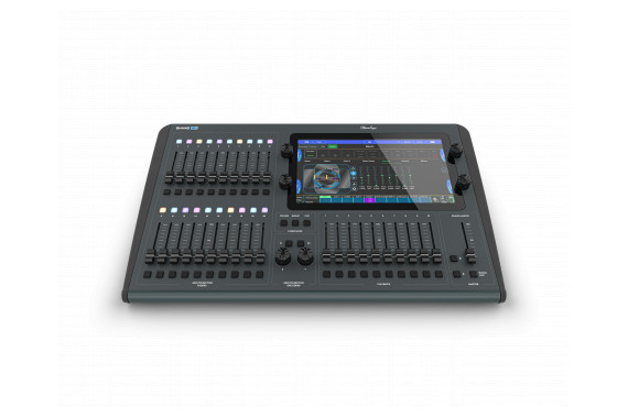 The front of the ChamSys QuickQ 20+ Lighting desk showing the new larger touch screen with simplified buttons and faders