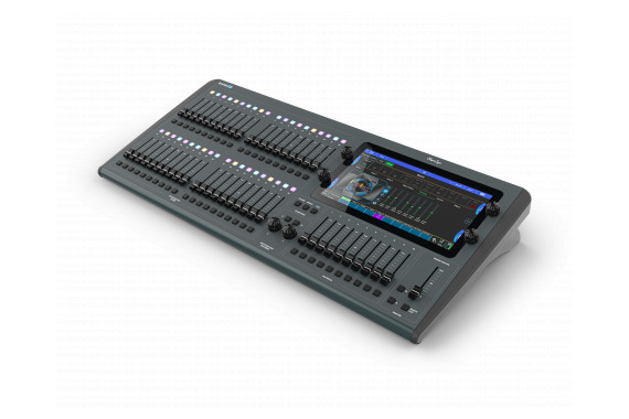 A right side perspective of the QuickQ 30+ desk with a closer view of the large mulit-point touch screen