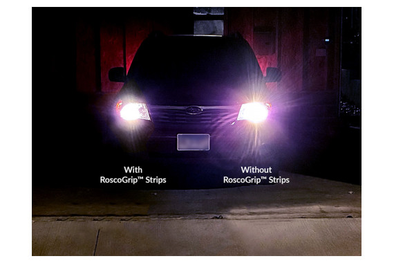 An image of the RoscoGrip Strips in use upon the headlight of a car
