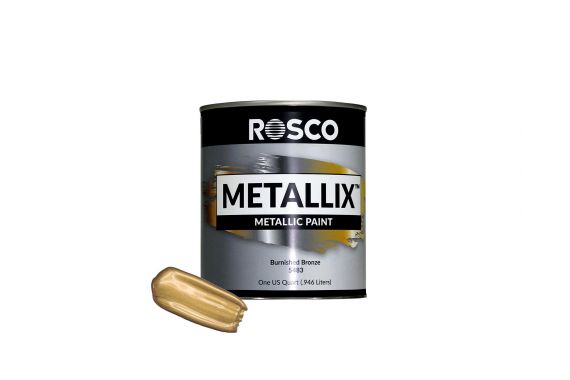 An Image of the Rosco Burnished Bronze paint with a small sample next to the tin