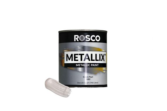 An Image of Cream pearl paint with a sample next to the tin