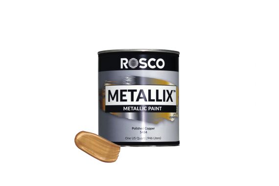 An Image of the Rosco Metallix paint tin with a small sample next to it