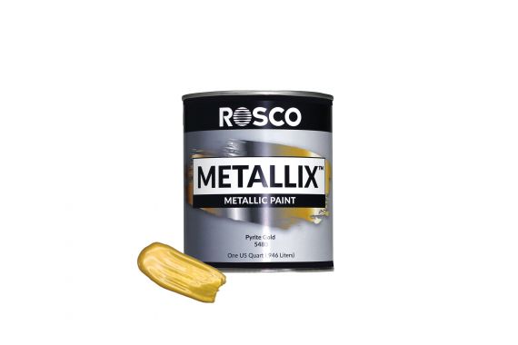 An Image of the Rosco Metallix paint with a sample next to it