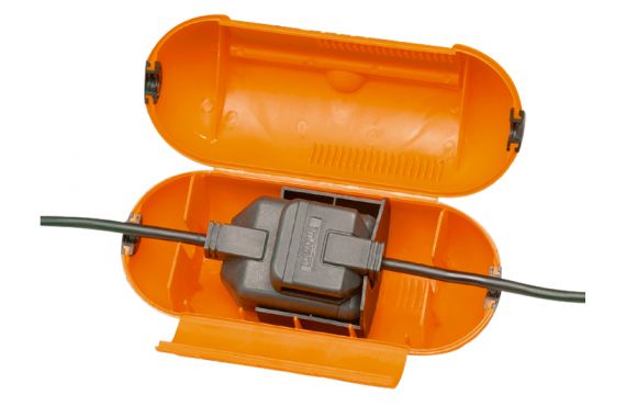 An Image of the masterplug splash proof cover with an extension cable and socket within