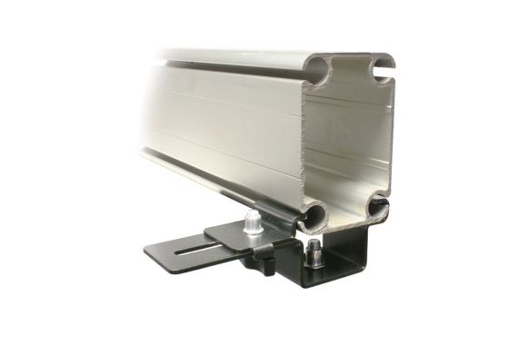 An Image of the Doughty marquee clamp installed onto the bottom of a tent rail