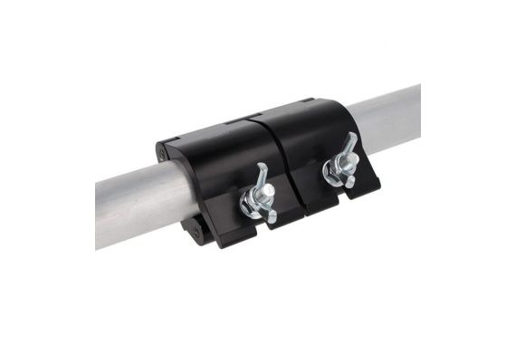 An Image of the black Doughty pipe clamp connecting two aluminum tubes together