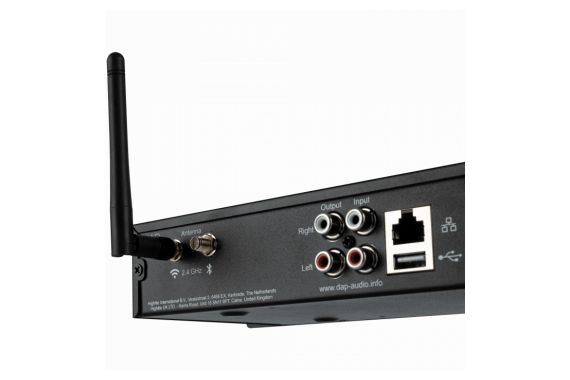 A closer image of the back of the DAP audio pre-amp showing the wireless antenna, ethernet port and line in/out connections 