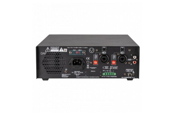 An Image of the back of the DAP Mixer amp showing the back of the unit with the avalible connections