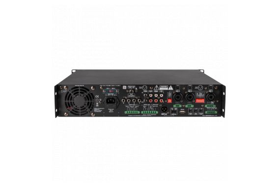 An Image of the back of the DAP Mixer AMP showing the avalible ports and connections