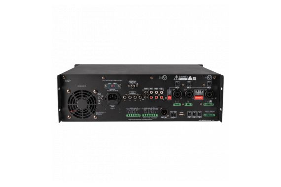 An Image of the back of the DAP Audio mixer amp with the avalible ports and connections