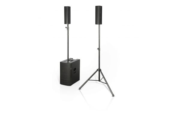An Image of the ES1203 loudspeaker system Showing both a speaker on a stand and a free standing one on top of the amp