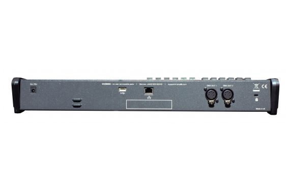 An Image of the rear of the FLX desk showing the ethernet port, two dmx out, USB in connection and power