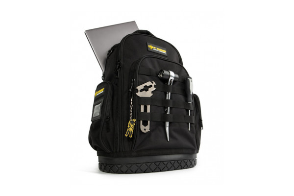 Dirty Rigger backpack with laptop sticking out of the top