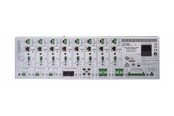 An Image of the back of the 8 channel zone mixer showing the avalible ports and connections