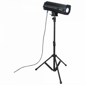 An Image of the front of the Showtec Followspot with the stand and power cable running from the back