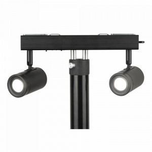 An Image of the front of the Showtec Pinspot Bar connected to a pipe and drape crossbar