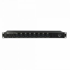 An Image of the front of the DMX booster with two 5 pin inputs & eight DMX outputs
