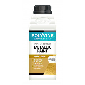 A bottle of the Polyvine Metallic Paint Bright Gold 500ml