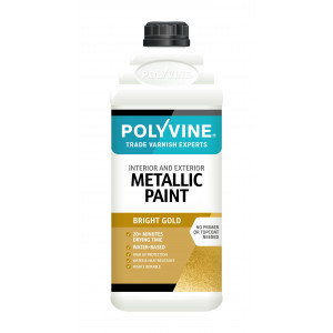A bottle of the Polyvine Metallic Bright Gold Paint in 2L