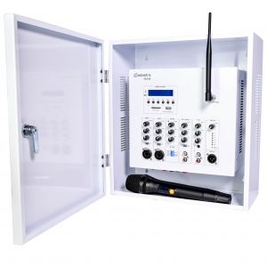 An Image of the inside of the Adastra locked box with amp and media player