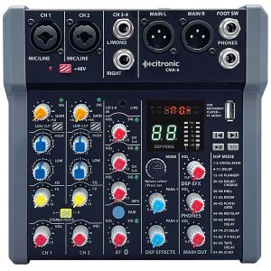 An Image of the front of the Citronic Mixer showing all of the available controls and inputs