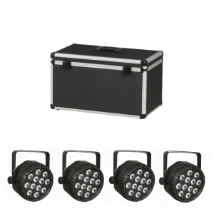 An Image of the lighting fixtures with the flight case next to the fixtures