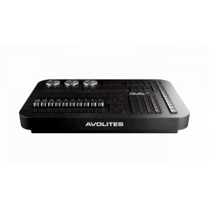 An Image of the front of the Avolites D3 console showing the available faders, buttons and encoder wheels