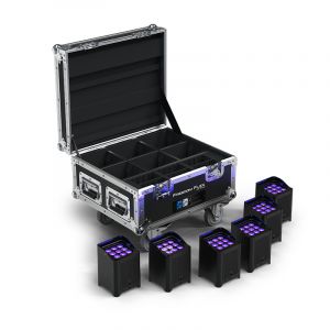 An image of the Freedom Flex uplighters next to the charging flight case