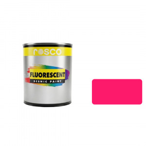 A tub of the Rosco fluorescent Pink 0.473L paint with a colour swatch next to the pot