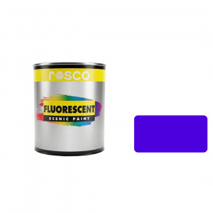 A tub of the Rosco Fluorescent blue 0.473L paint with a colour swatch next to the tin