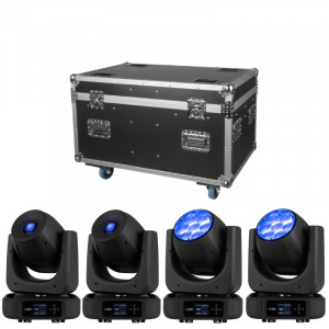 An Image of the Showtec Xpression moving heads next to the Xpression flight case