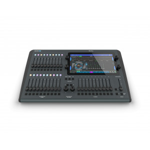 The front of the ChamSys QuickQ 20+ Lighting desk showing the new larger touch screen with simplified buttons and faders