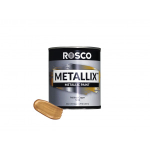 An Image of the Rosco Metallix paint tin with a small sample next to it