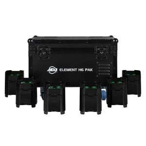 An Image of the front of the ADJ Element H6 uplighters set next to the charging flight case for the 
