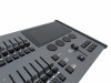 A Close up image of the FLX S48 showing the the 7" touch screen, four encoder wheels and master fader